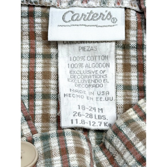 Vintage‎ Carter's Safari Overalls Tan Green Gingham Plaid Romper 18-24 Months - Picture 5 of 5